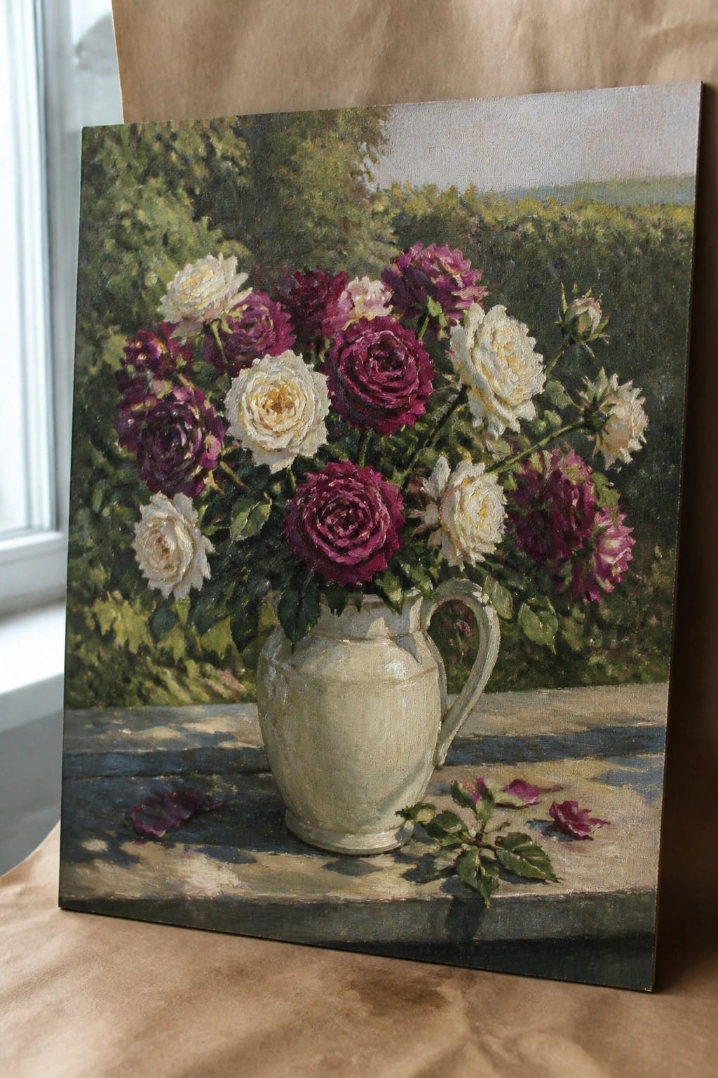 Realistic painting of white and burgundy roses in a jug on a wooden table