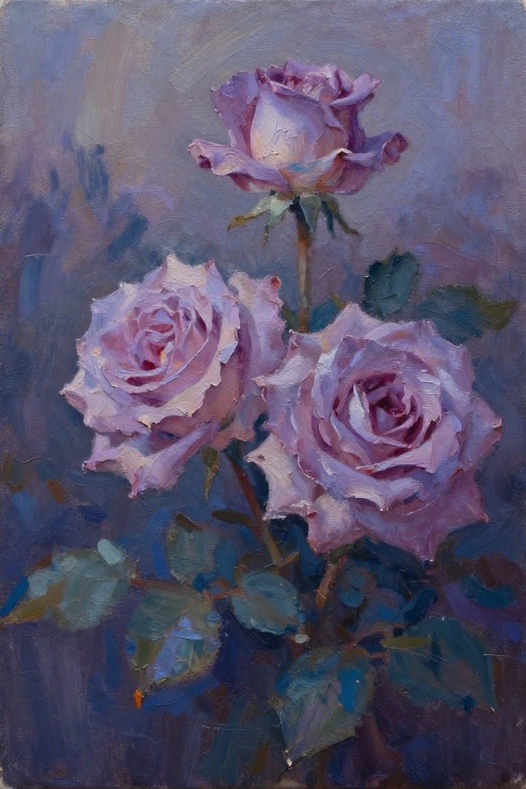 Three lavender roses in oil painting with visible brushstrokes and green leaves.