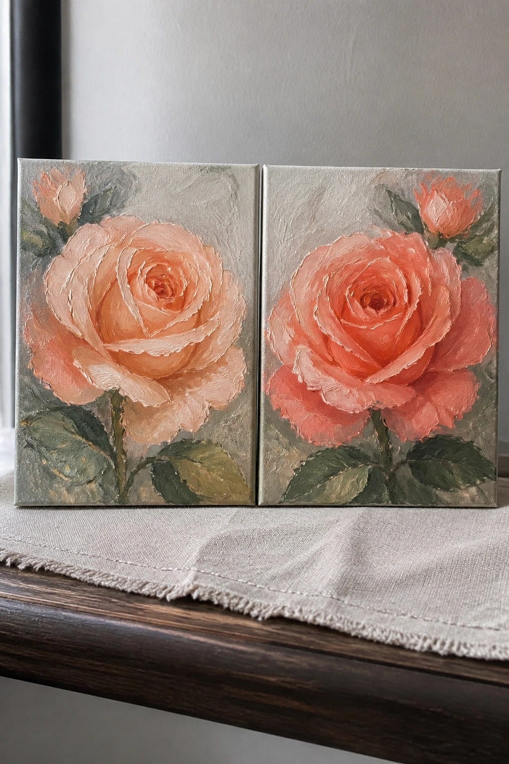Two side-by-side oil paintings of blooming peach roses on gray canvases