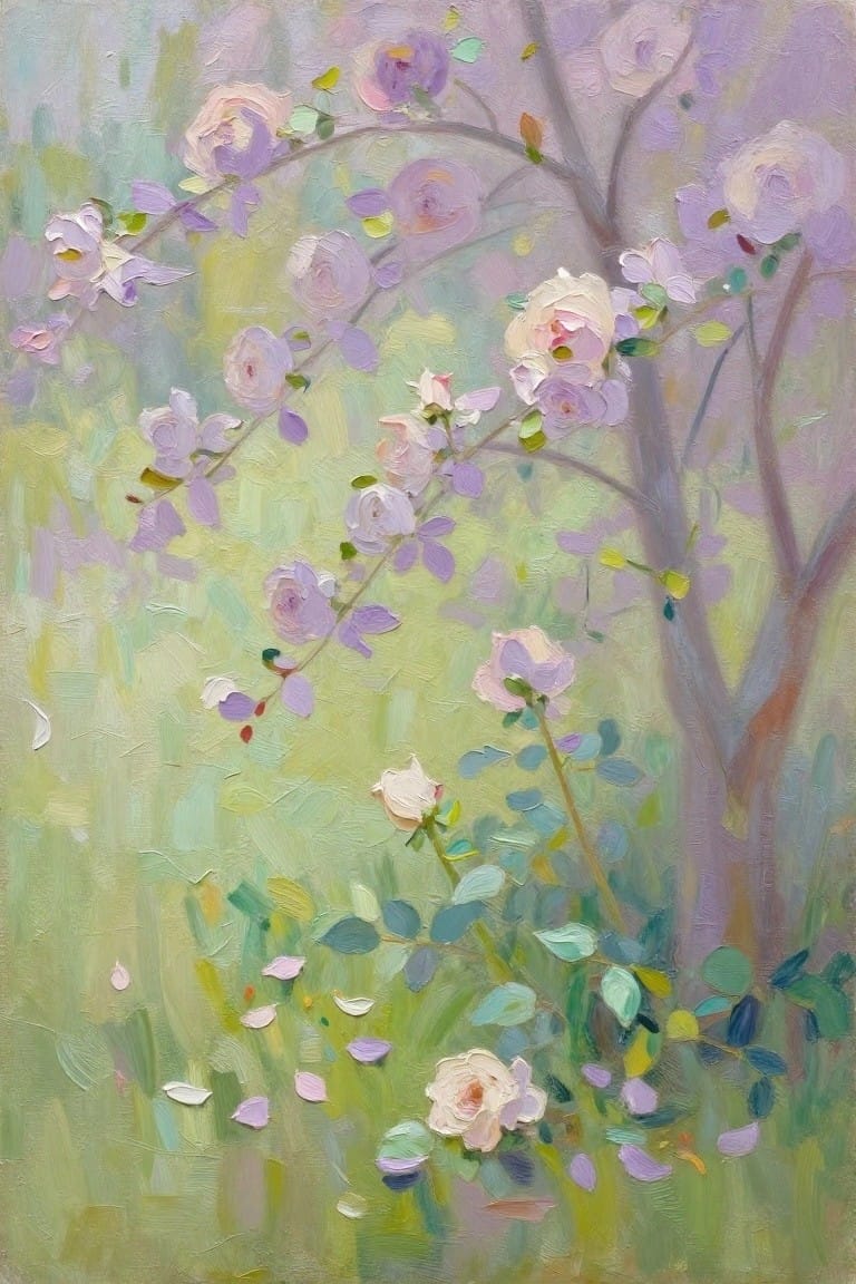 Soft pastel painting of pink and purple roses blooming on branches