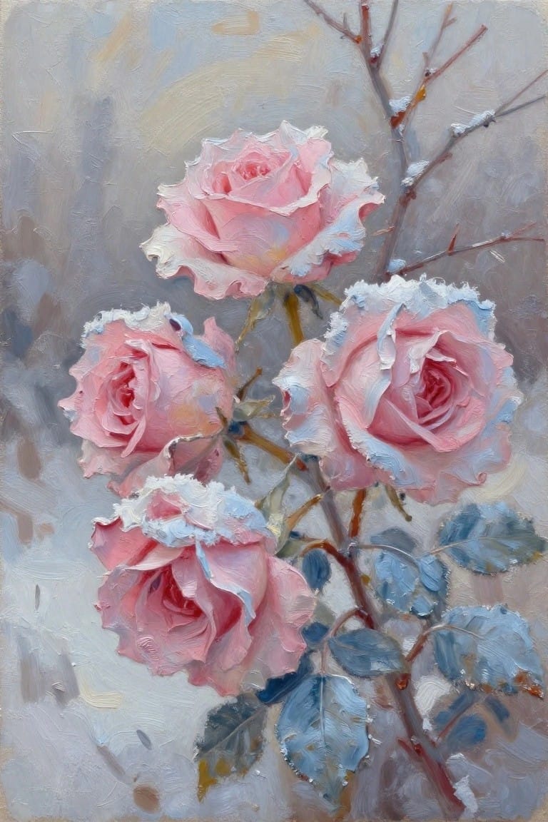 Pink roses with frosted petals on snowy branches amid blue leaves