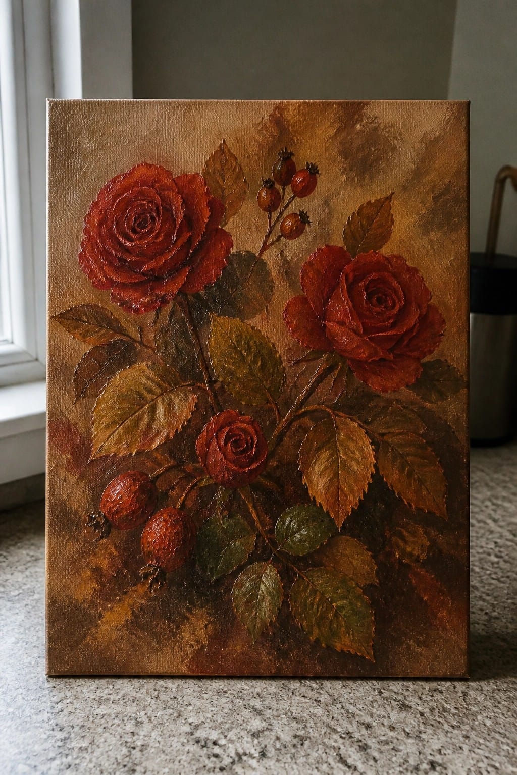 Painting of three red roses with leaves and rose hips on textured brown canvas.