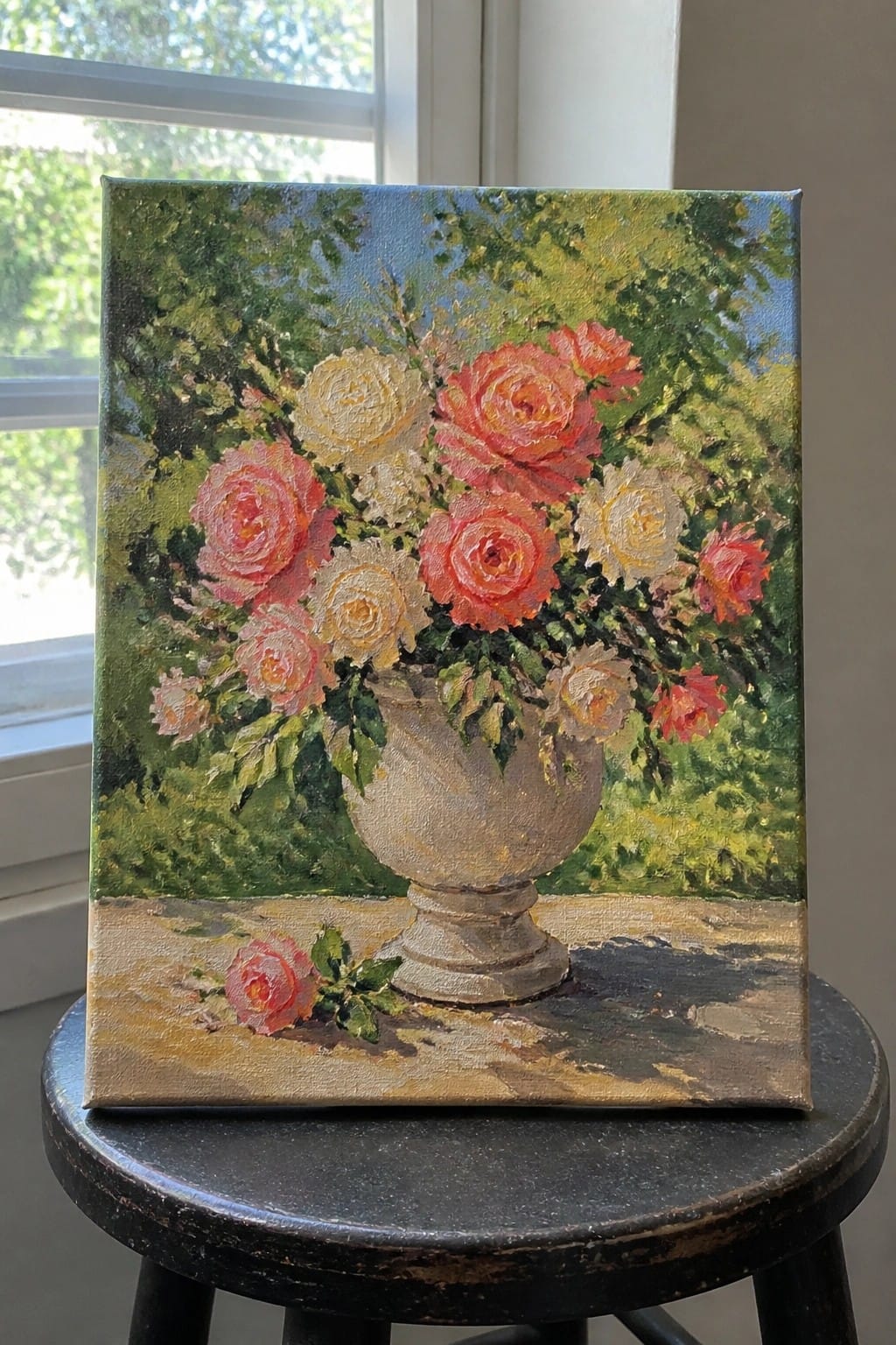 An oil painting of pink, peach, and white roses in a gray vase on a black stool beside a window.