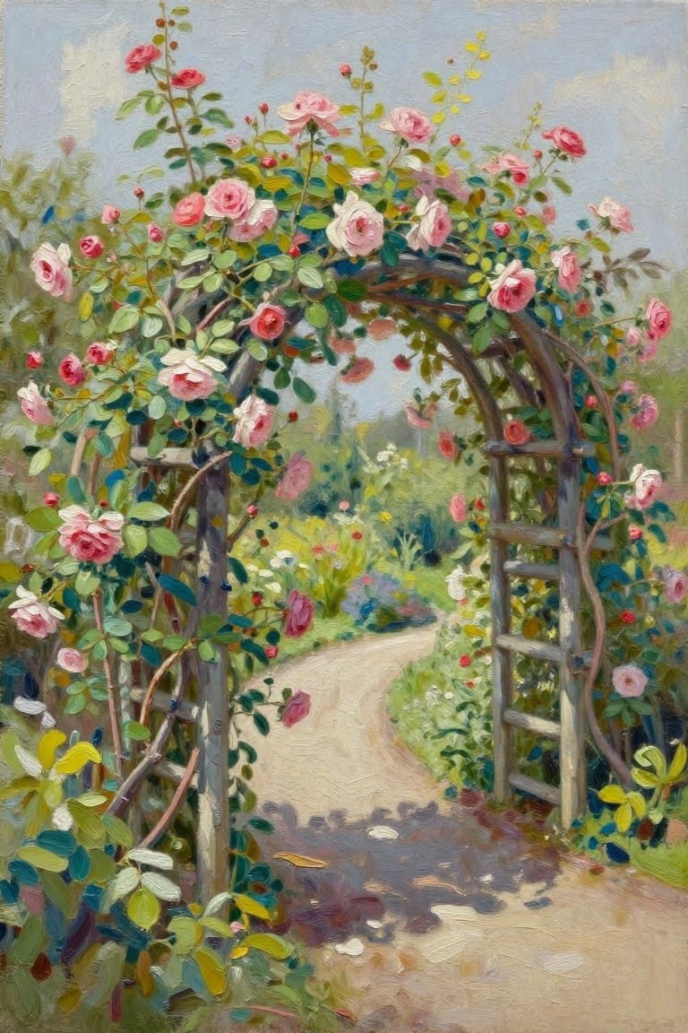 Pink roses on wooden arch over winding garden path in oil painting