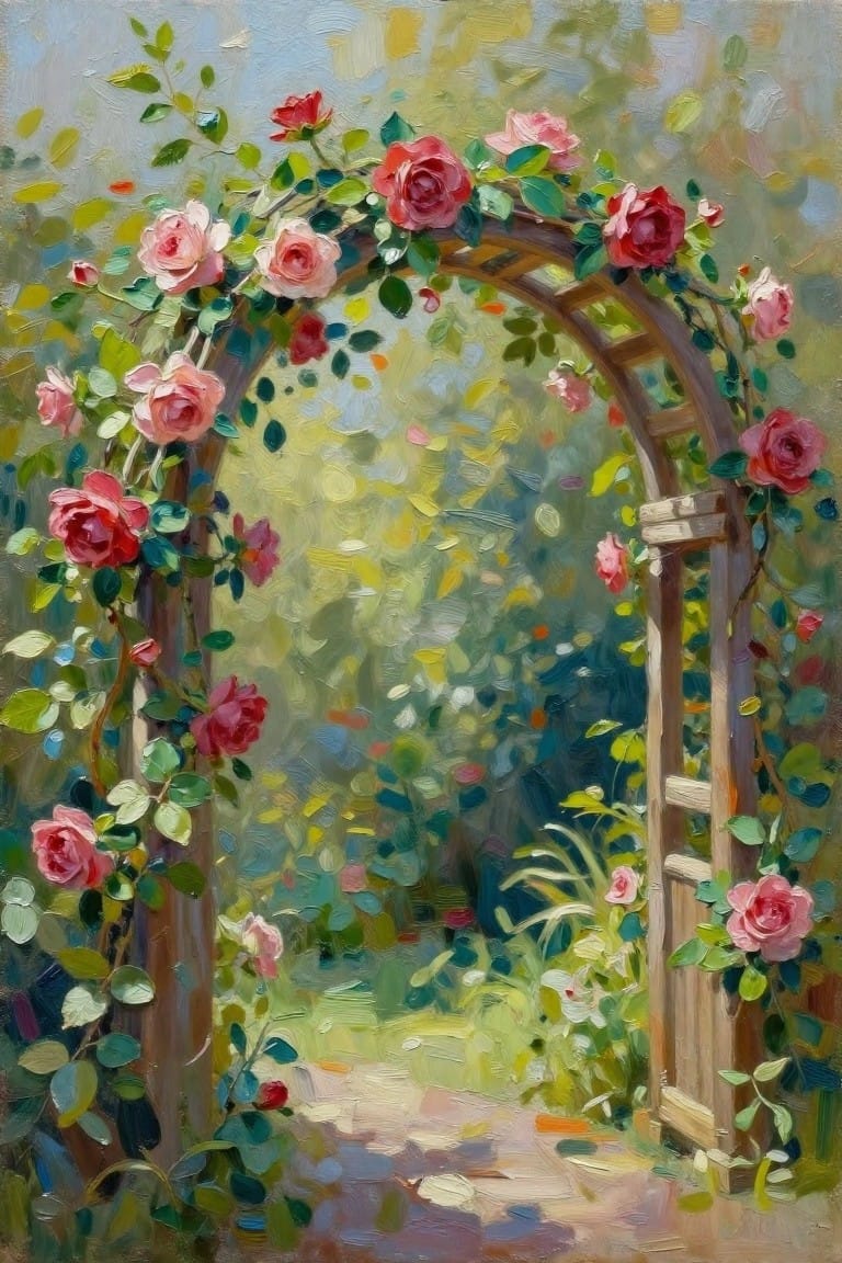 Wooden archway draped in blooming pink and red roses above a garden path