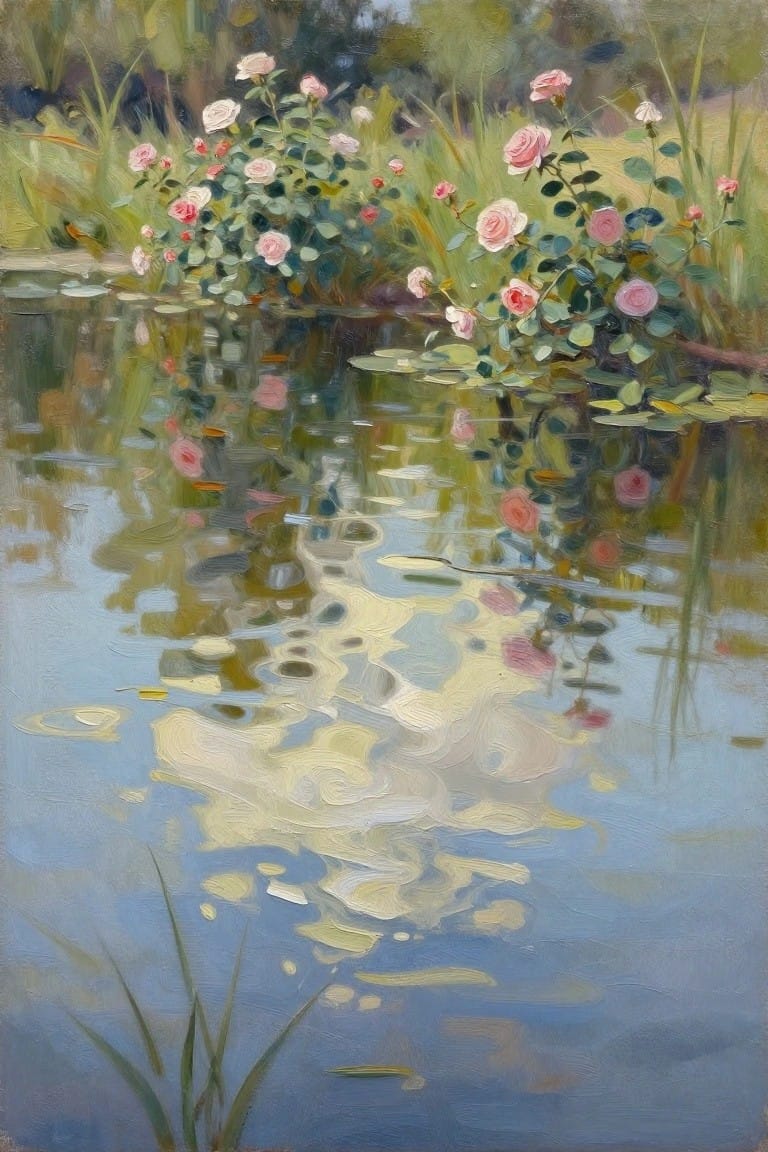 Pink roses bloom by a pond with lily pads and shimmering reflections.