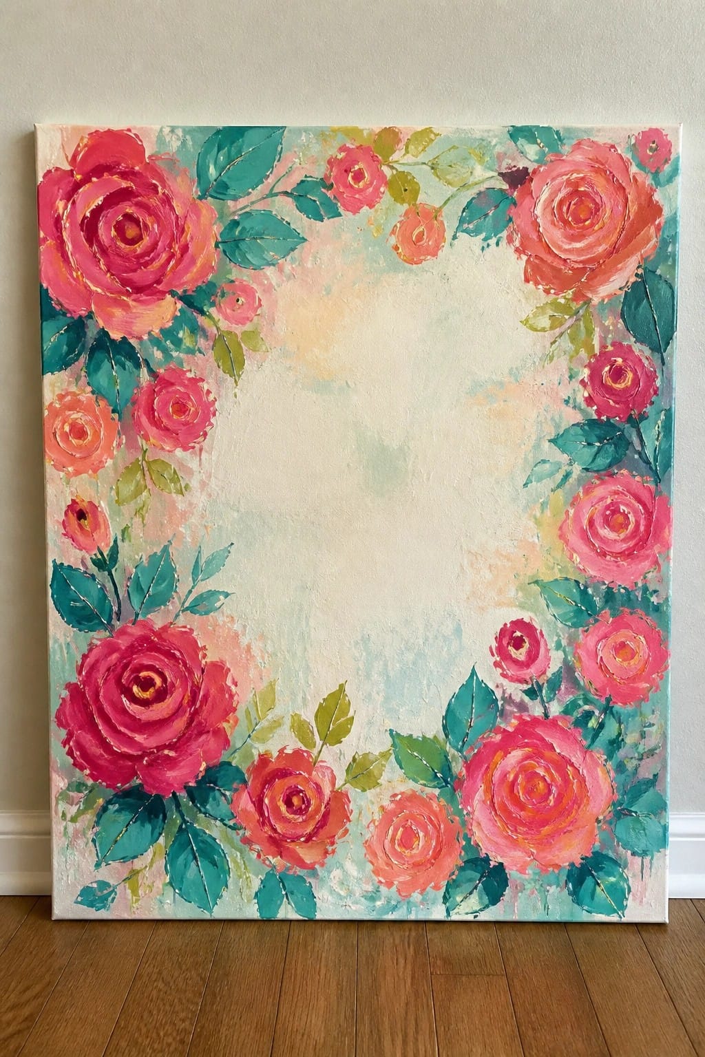 Vibrant painting of pink roses with teal leaves bordering a soft pastel canvas
