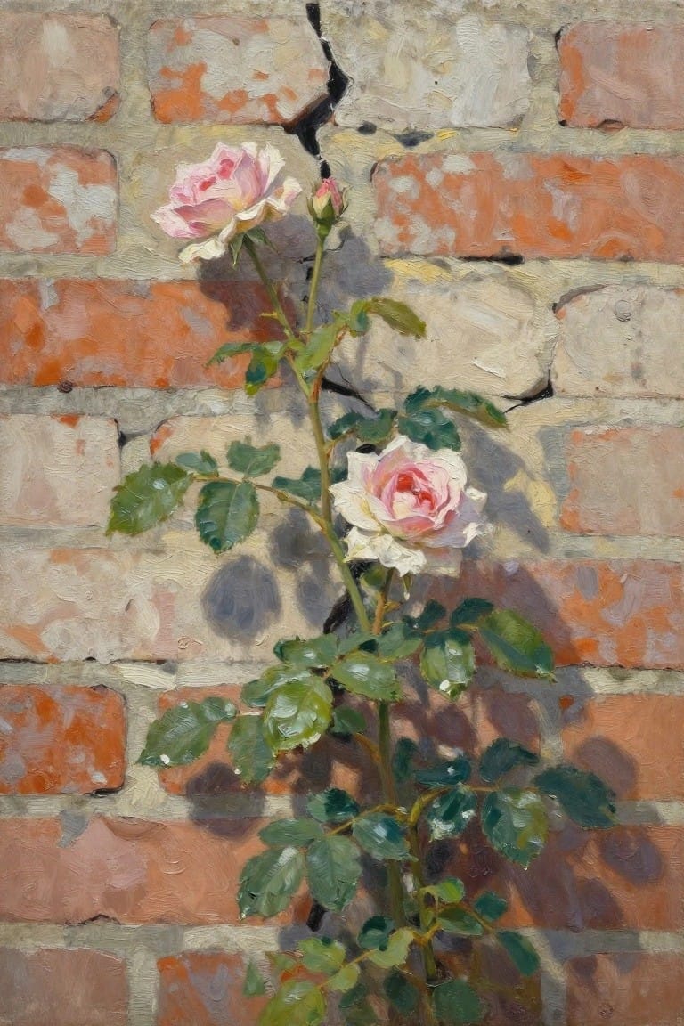 Pink and white roses with green leaves against a weathered brick wall