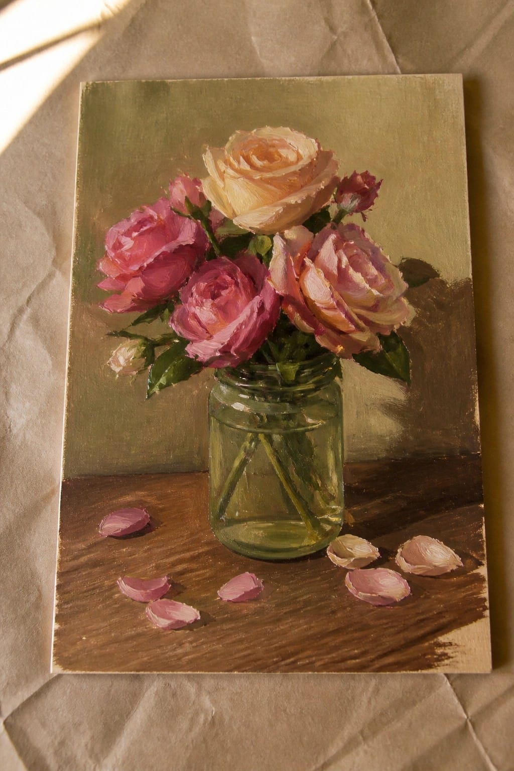 Pink roses in glass jar on wooden table with scattered petals, oil painting