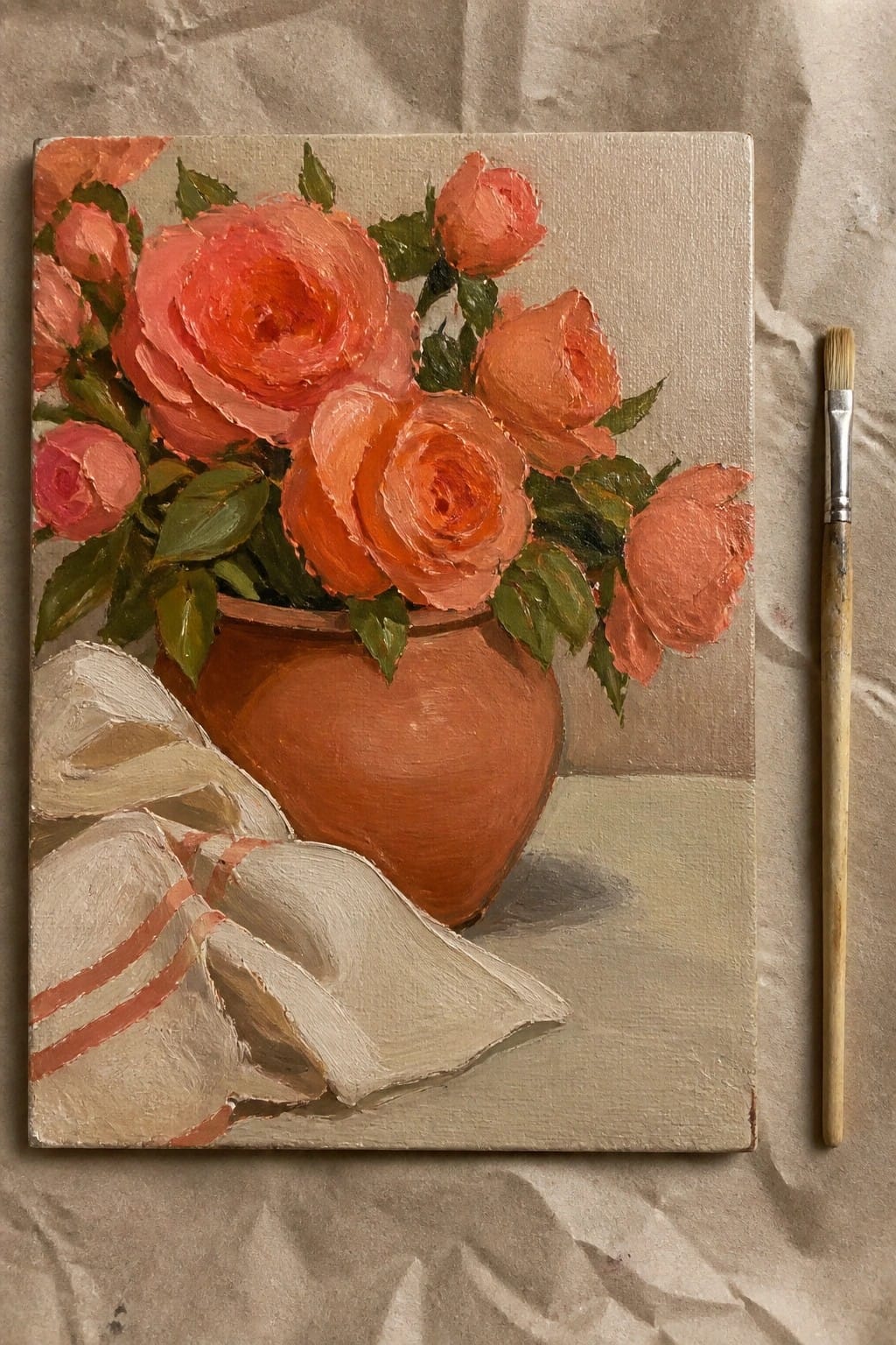Oil painting of coral roses in terracotta pot with striped cloth and paintbrush