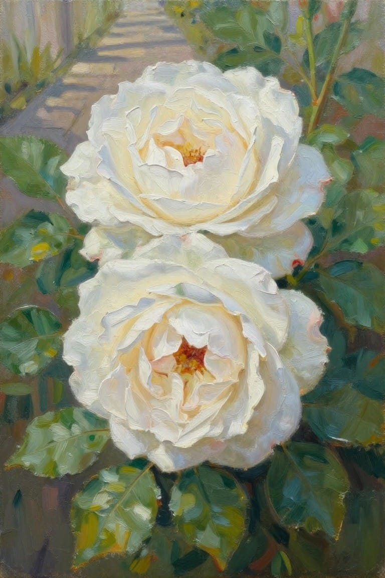 An oil painting of two large white roses with yellow centers and green leaves in front of a soft garden path.