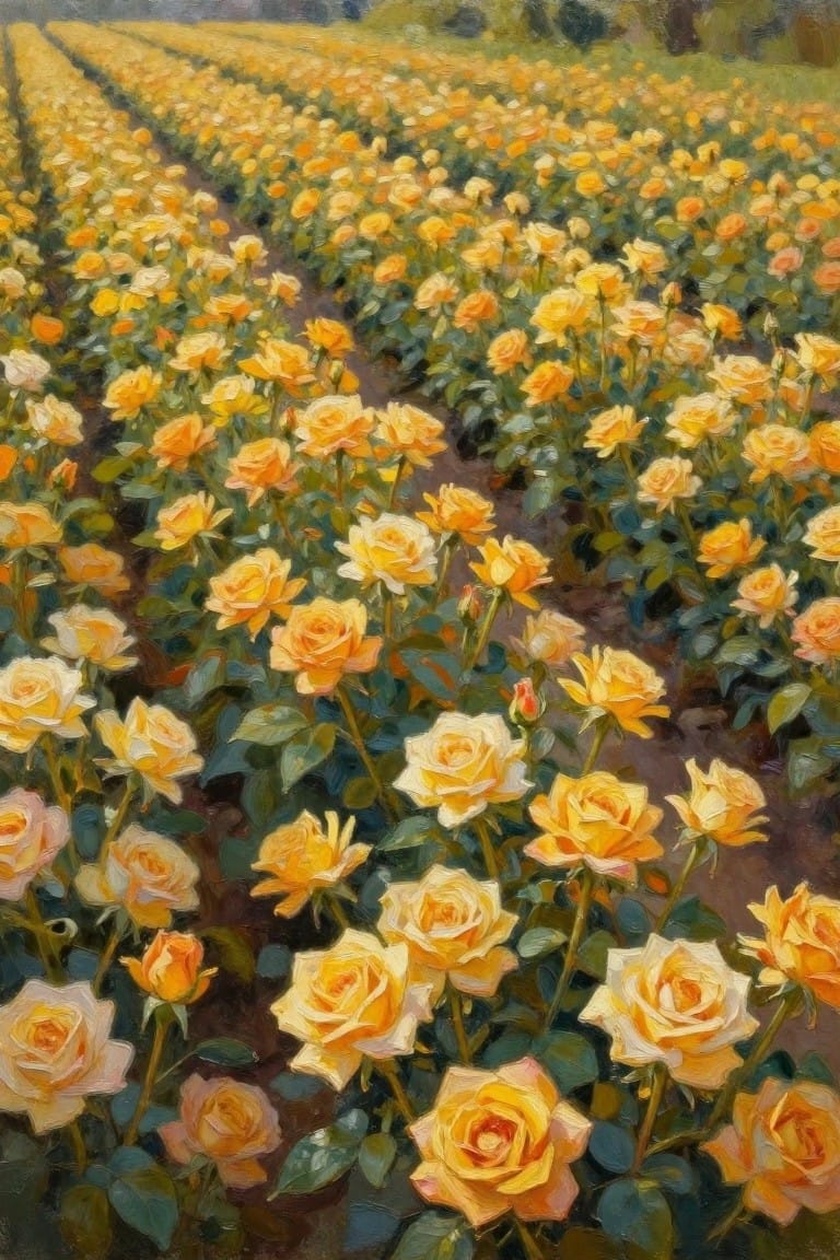 Vast rows of blooming yellow roses stretch across a lush green field