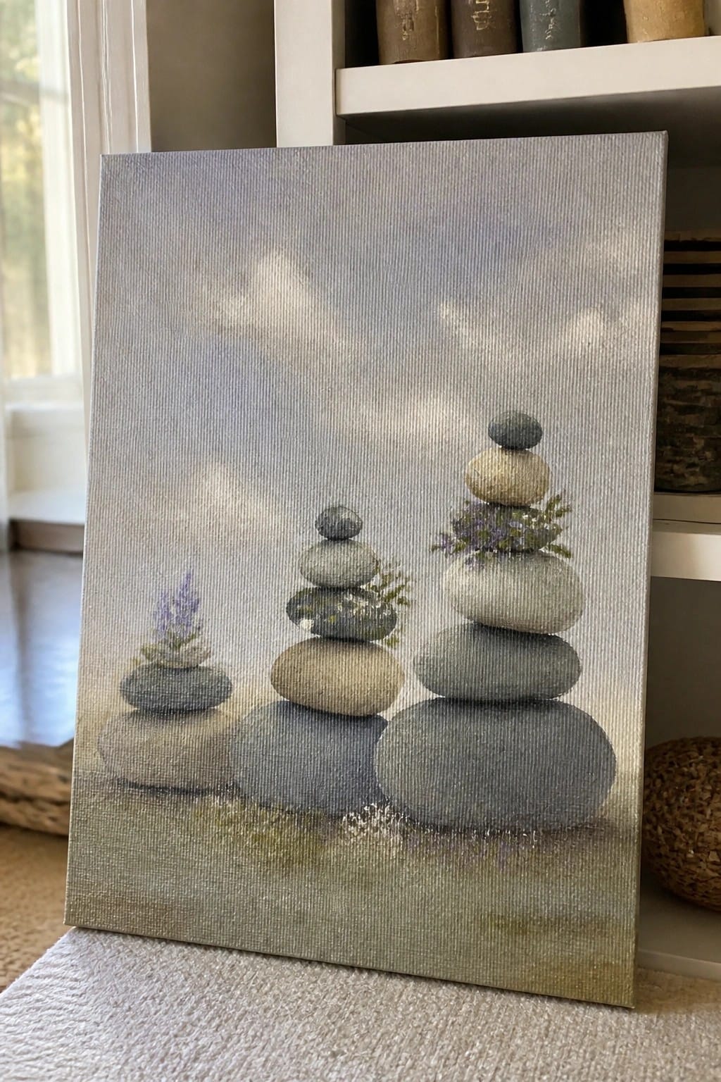 Three stacked stone cairns with purple flowers against a cloudy gray sky
