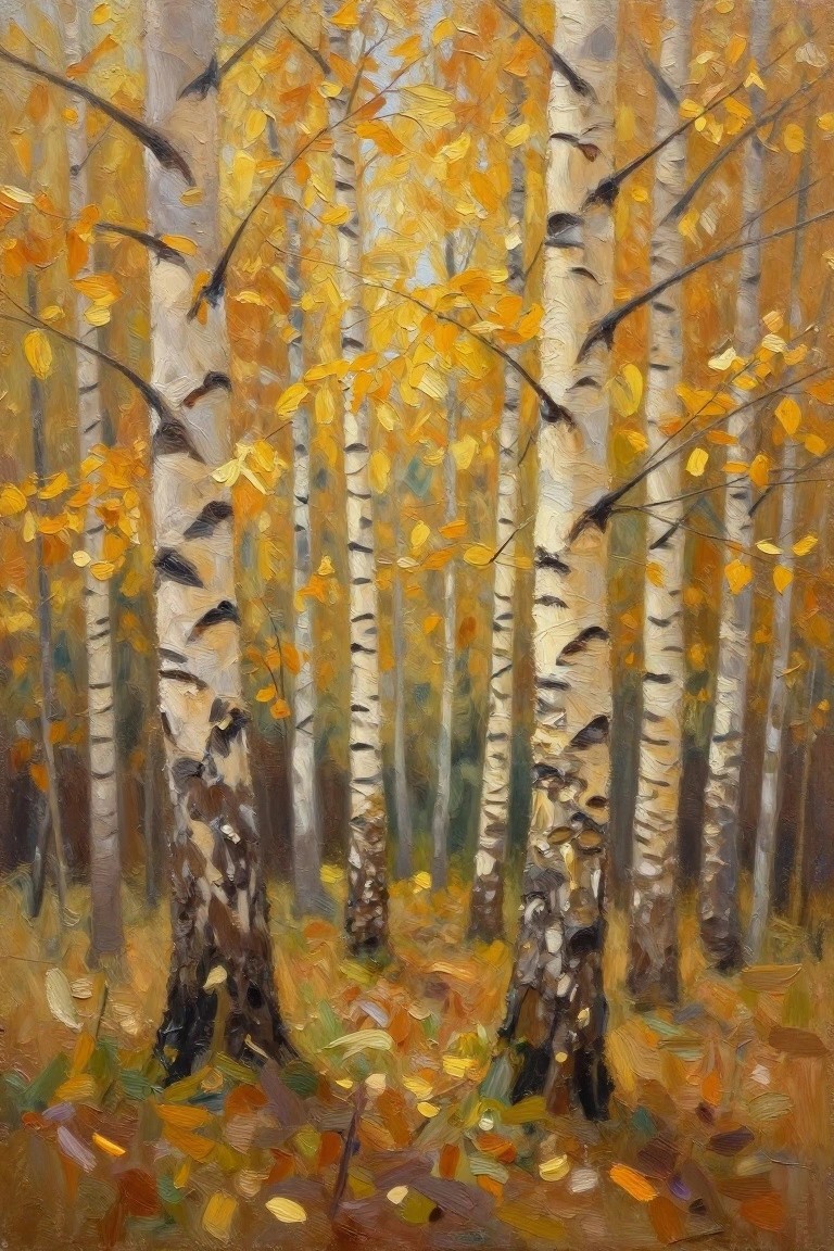Oil painting of birch forest with golden autumn leaves and white trunks.