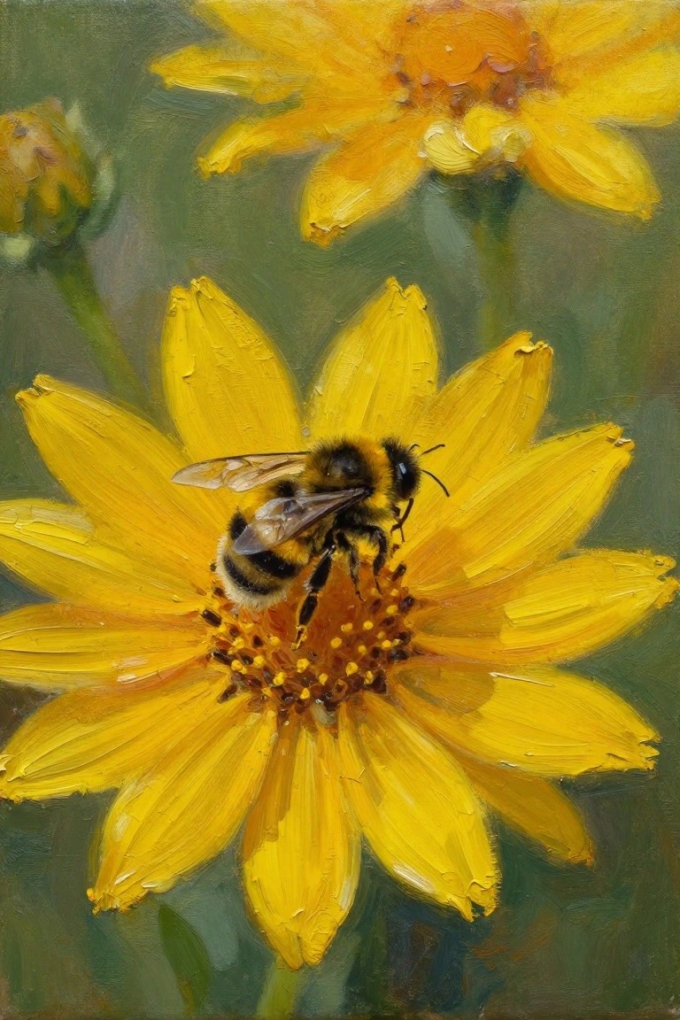 An oil painting of a bee on a large yellow flower with another yellow flower visible in the background.