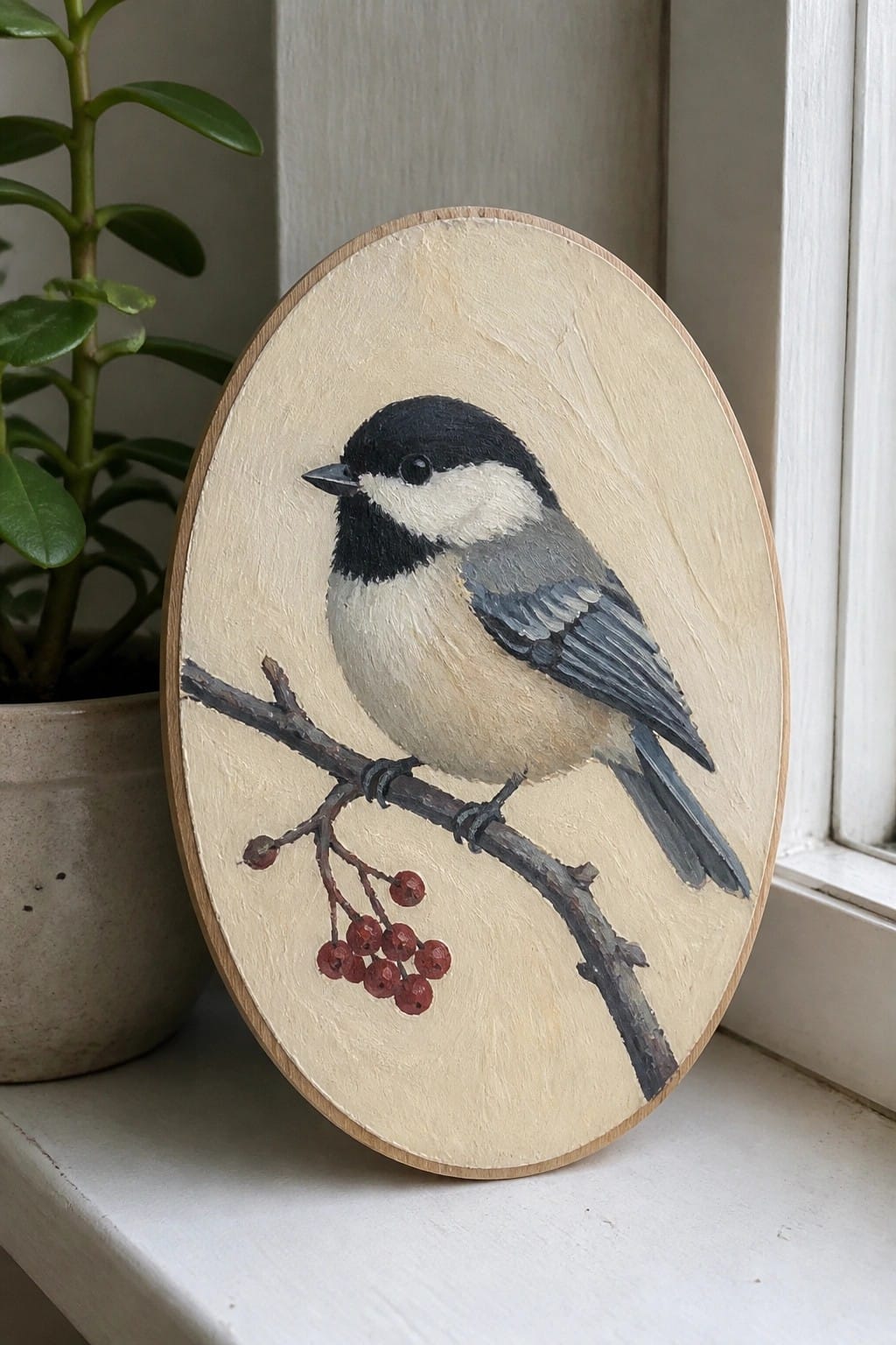 Oval wooden plaque painted with chickadee on berry branch by window.