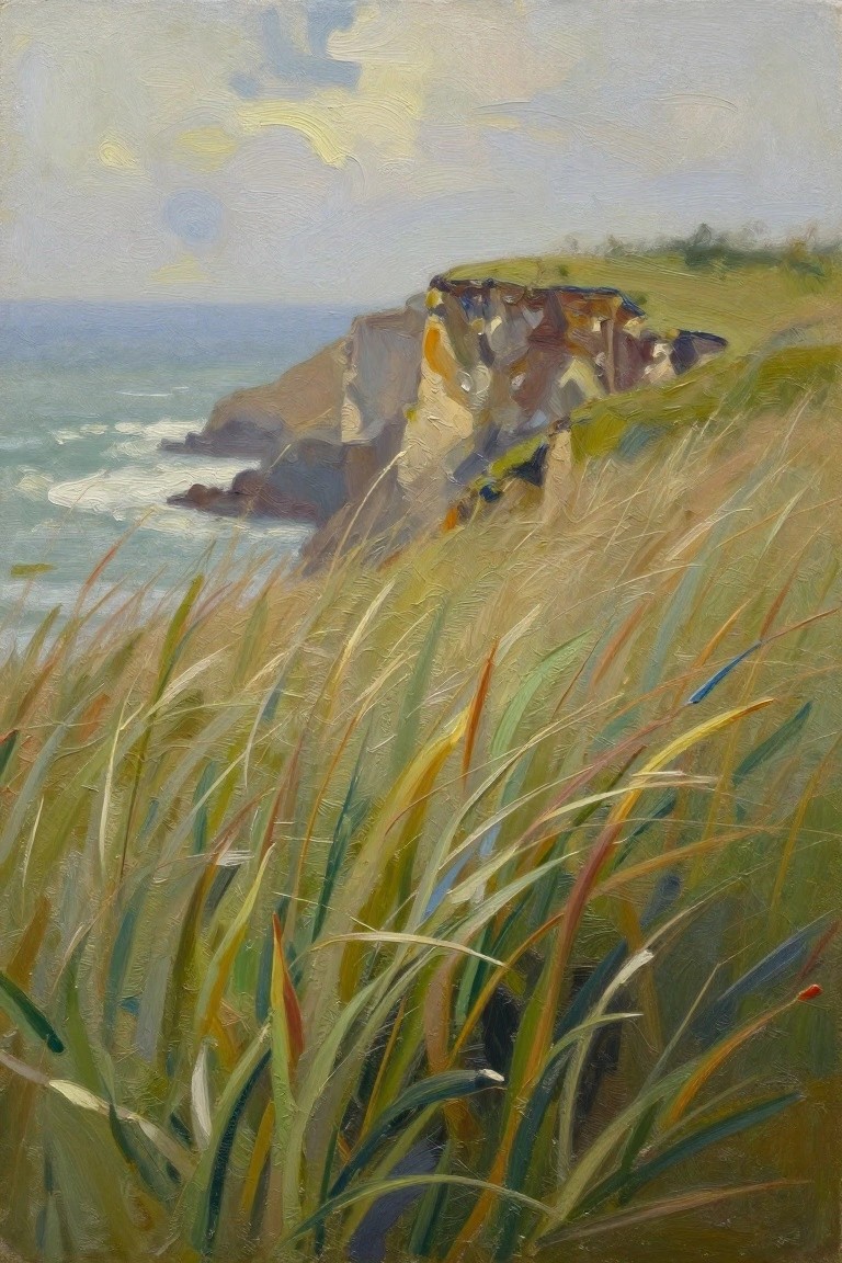 Tall colorful grasses frame rocky cliffs by a blue ocean under soft skies