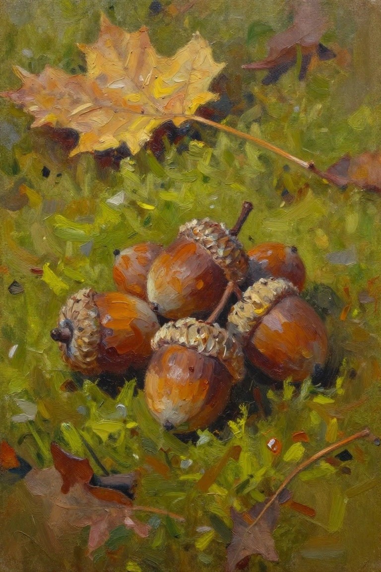 Oil painting of acorns and colorful autumn leaves on green grass.