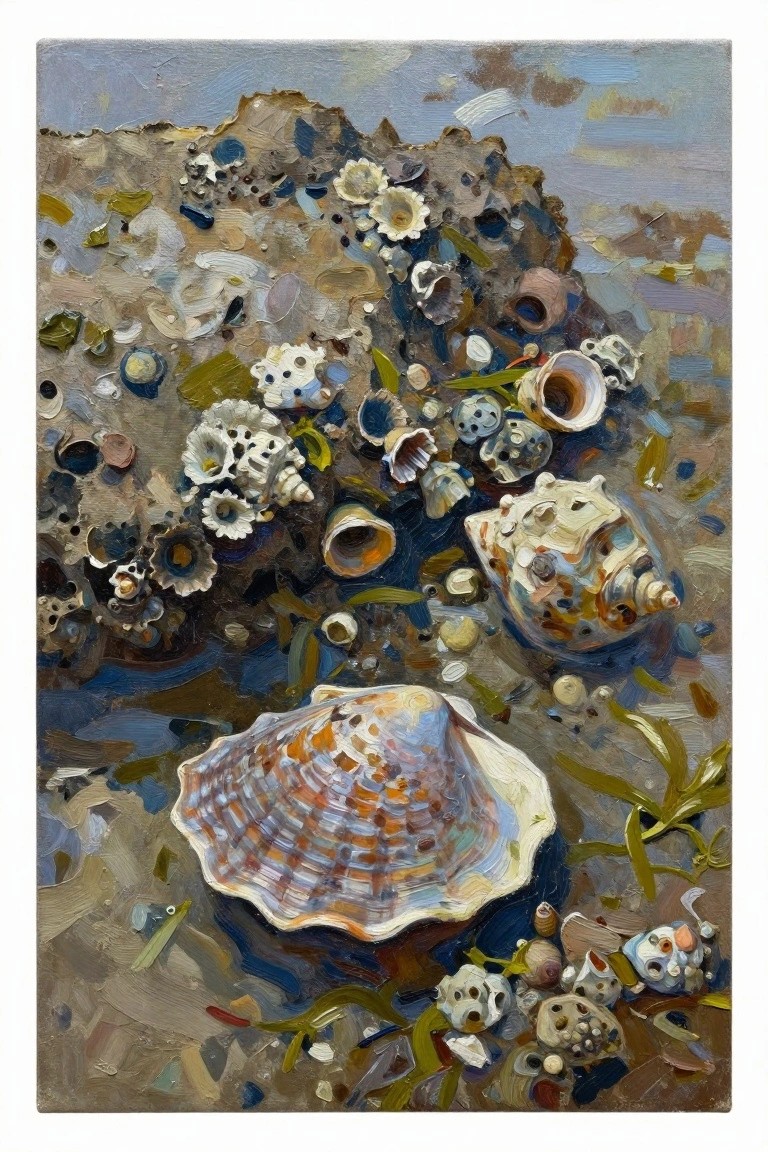 Thickly painted seashells and barnacles clustered on a rocky shore with seaweed.
