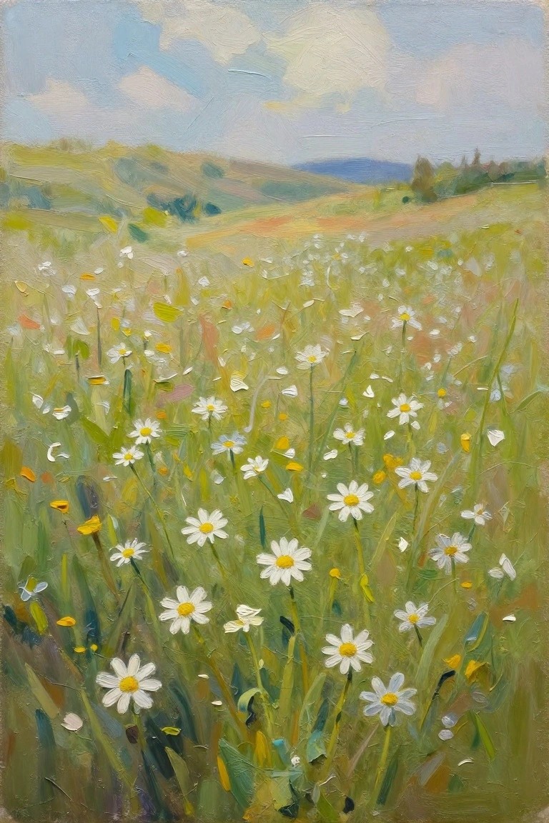 An oil painting of a meadow filled with white daisies and green grass, with rolling hills in the background under a blue sky.