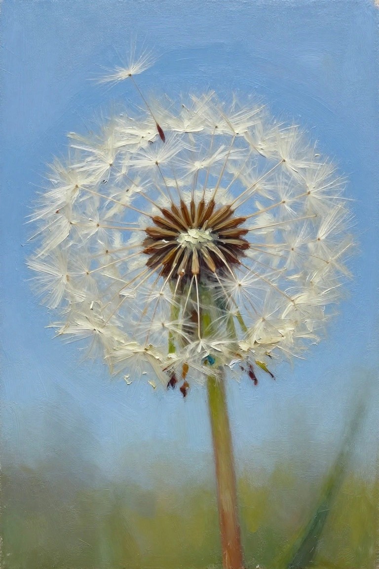 Dandelion seed head with white fluffy seeds against blue sky in oil painting