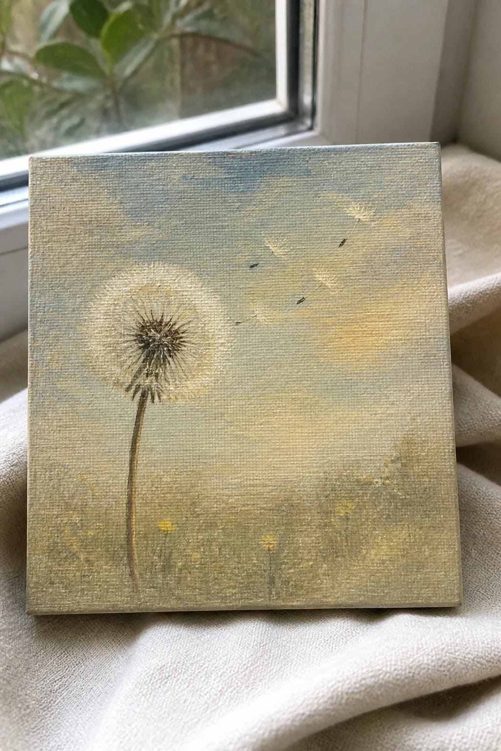 Dandelion painting on square canvas resting on windowsill with white cloth beneath
