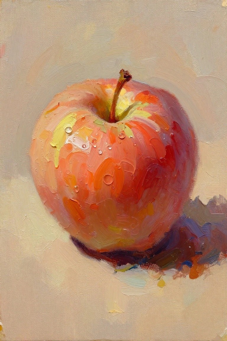 An oil painting of a single red apple with water droplets, a brown stem, and a soft neutral background.