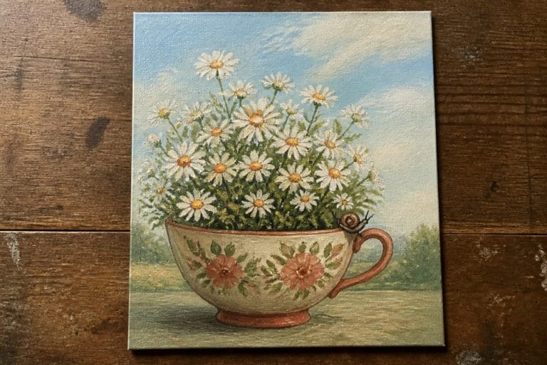Teacup brimming with daisies and grass, snail on rim against blue sky.