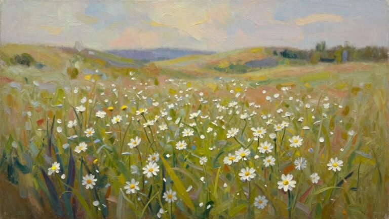 24 Whimsical Nature Oil Painting Ideas That Celebrate Simple Outdoor Beauty An oil painting of a meadow filled with white daisies and green grass, with rolling hills in the background under a blue sky.