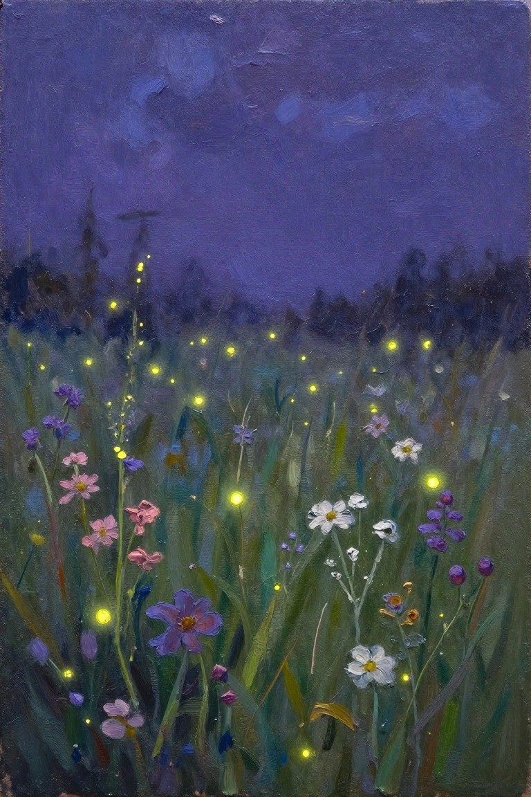 Nighttime meadow with glowing fireflies amid colorful wildflowers under purple sky