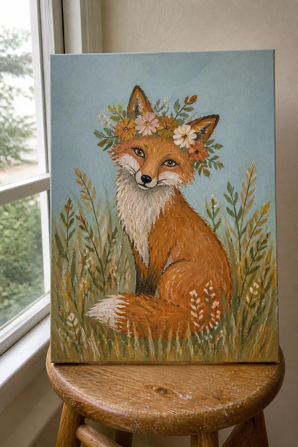 Orange fox with flower crown sits amid wild plants on blue canvas painting
