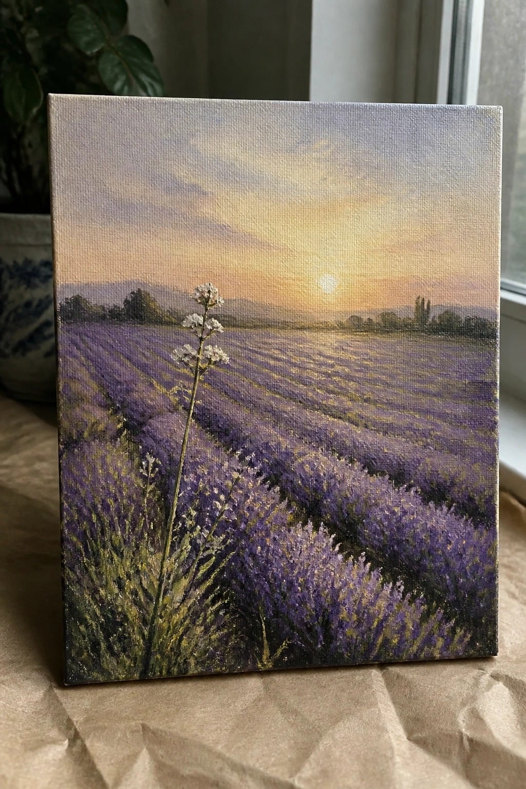 Oil painting on canvas of purple lavender field at sunset with white wildflowers