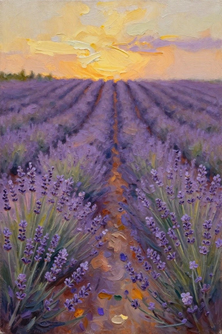 Rows of purple lavender lead to a golden sunset in textured oil painting.