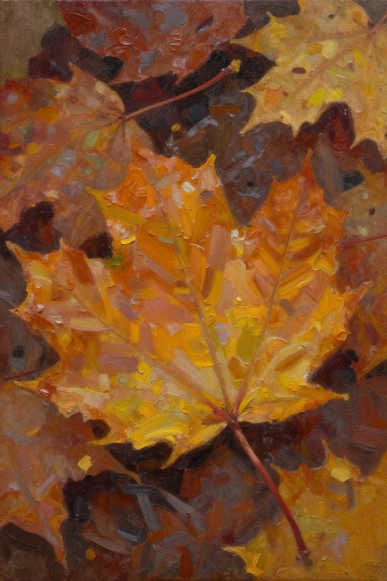 Vivid yellow-orange maple leaves in thickly textured autumn oil painting