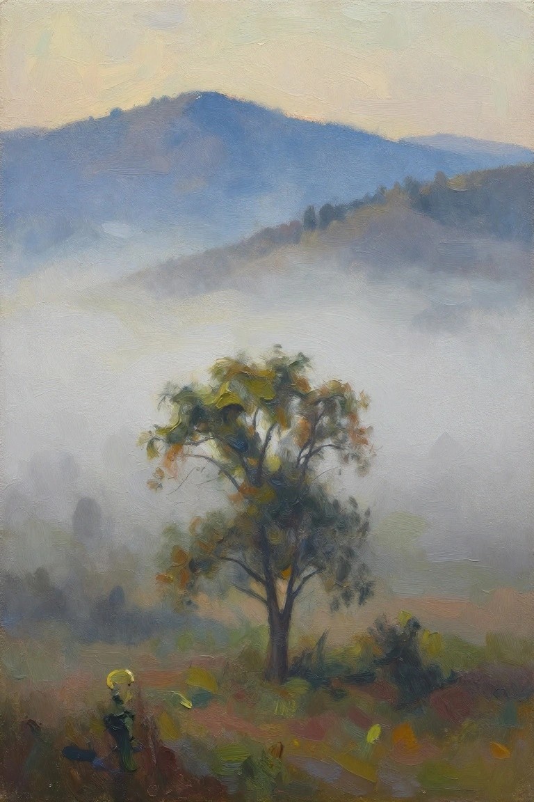 Misty landscape with autumn tree, blue hills, and colorful foreground in oil painting