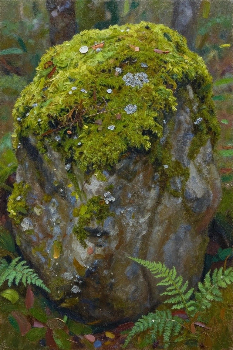 Moss-covered boulder with white lichen amid ferns in a forest painting