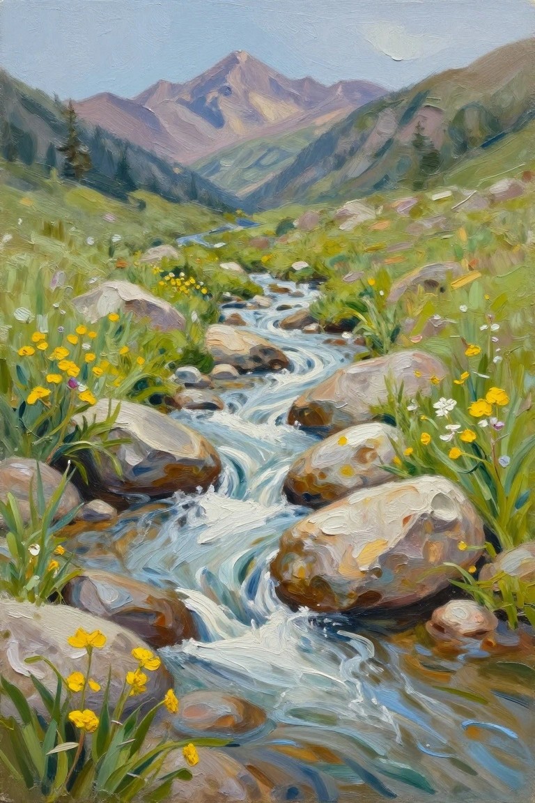 Oil painting of rushing stream over rocks amid yellow wildflowers in mountains.