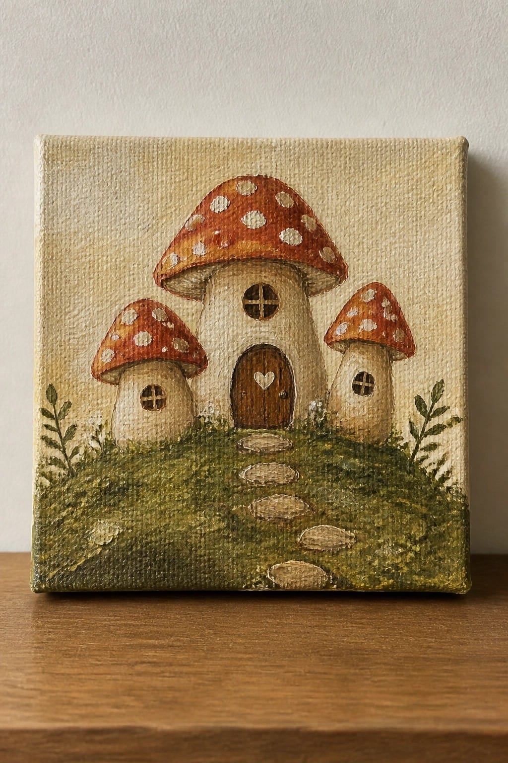 Whimsical canvas painting of three mushroom houses with red spotted caps on grassy hill.