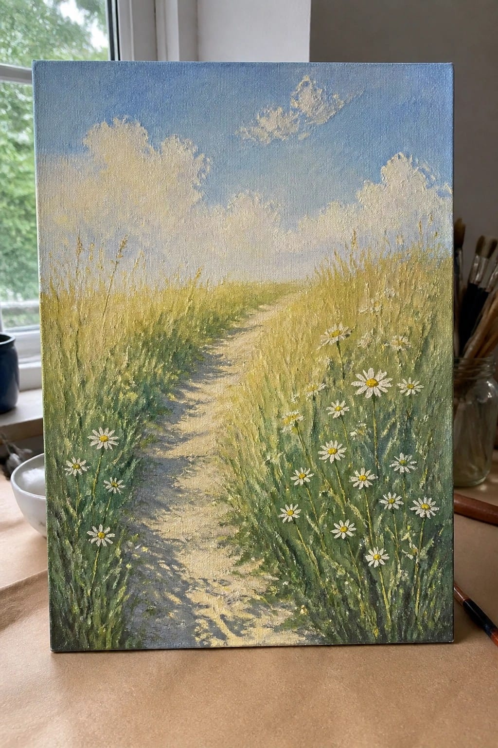 Impressionistic oil painting of a winding path through a daisy-filled meadow under blue skies