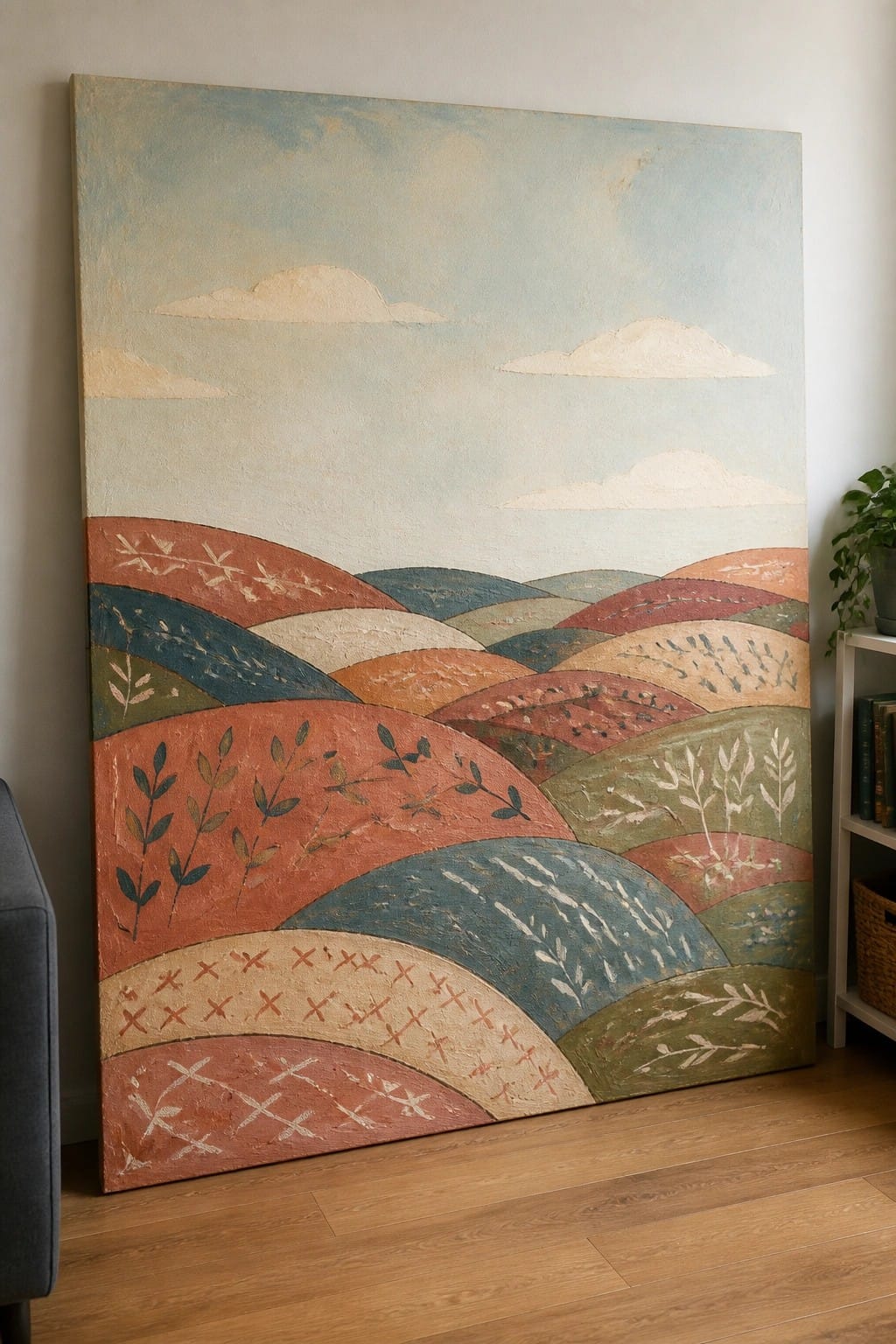 Large abstract painting of layered colorful hills with leaf patterns in a room