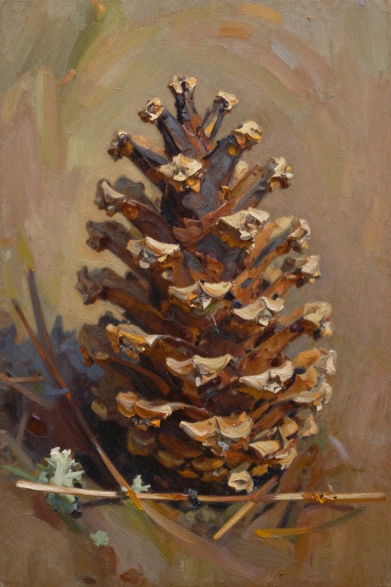 Oil painting of upright pinecone with brown textured scales and dry twigs below.