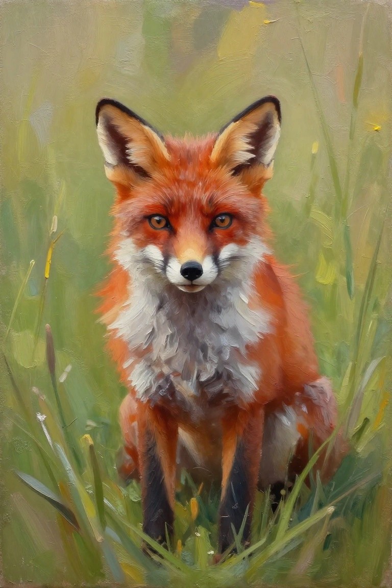Red fox with white chest sitting alertly in lush green grass, oil painting style.