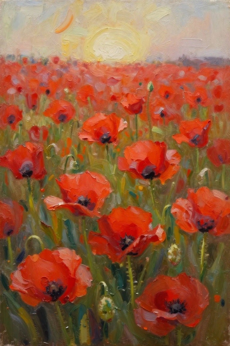 Vivid red poppies fill a sunlit field beneath a glowing yellow sun