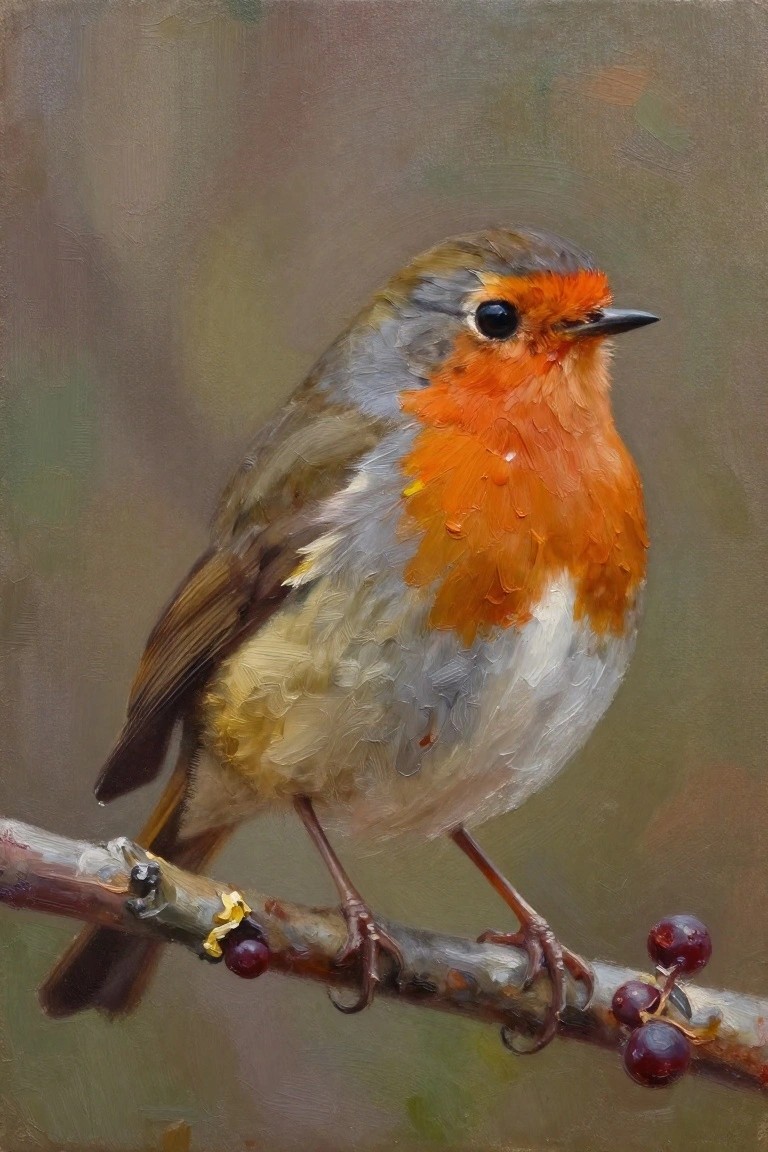 Orange-breasted robin perched on berry-covered branch, realistic oil painting with soft background