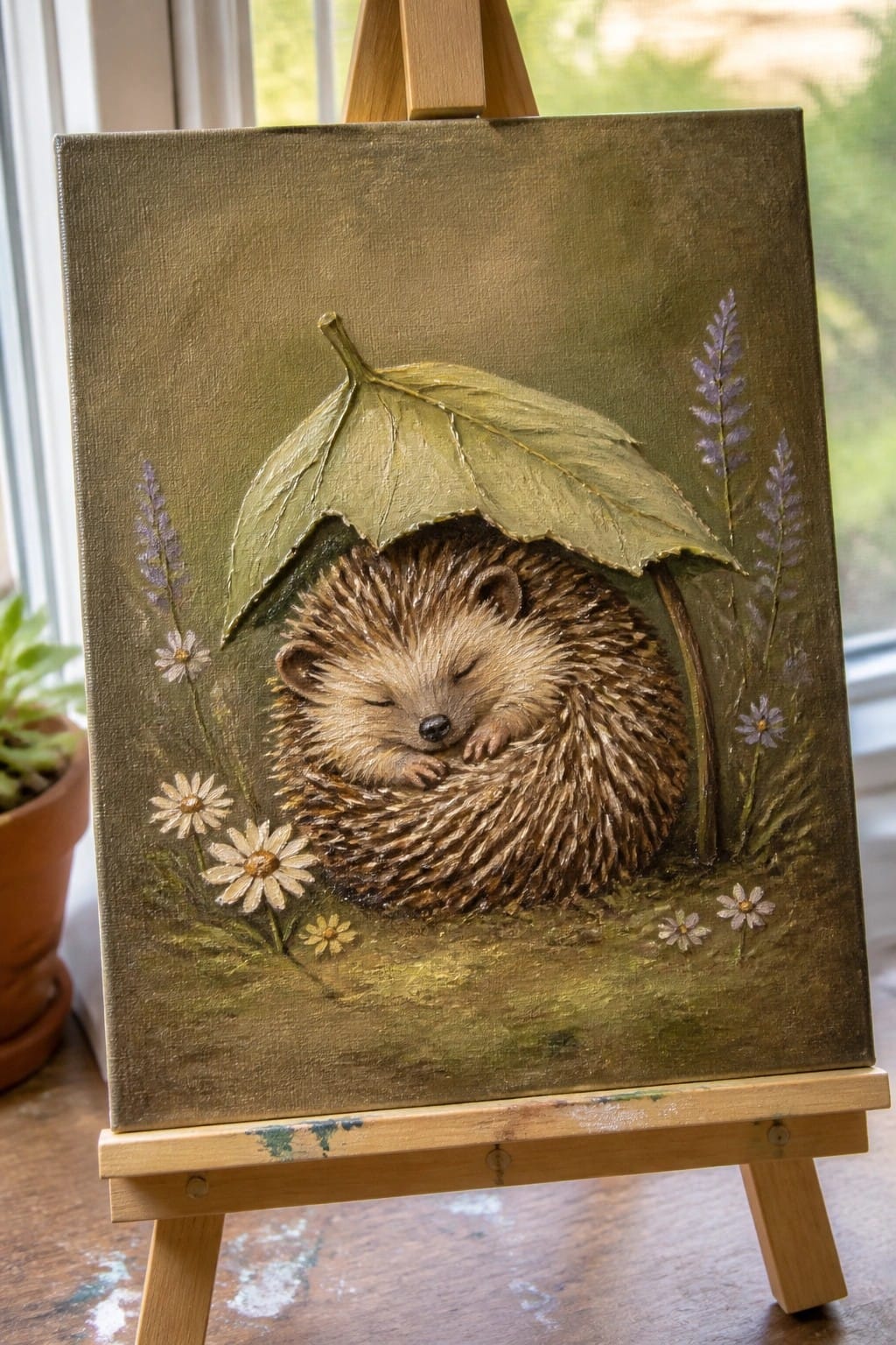 Textured painting on easel depicts sleeping hedgehog under leaf amid daisies and lavender.