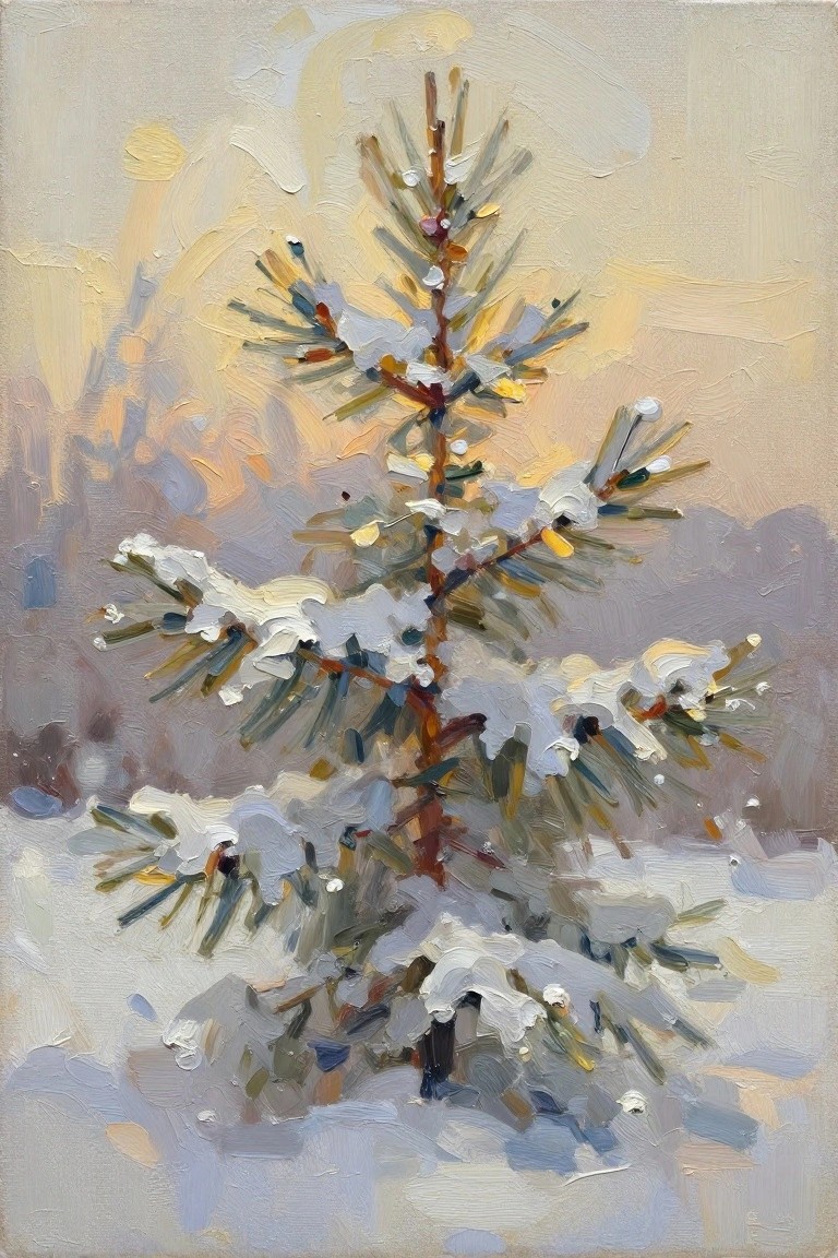 Textured oil painting of snow-covered pine tree with thick colorful brushstrokes