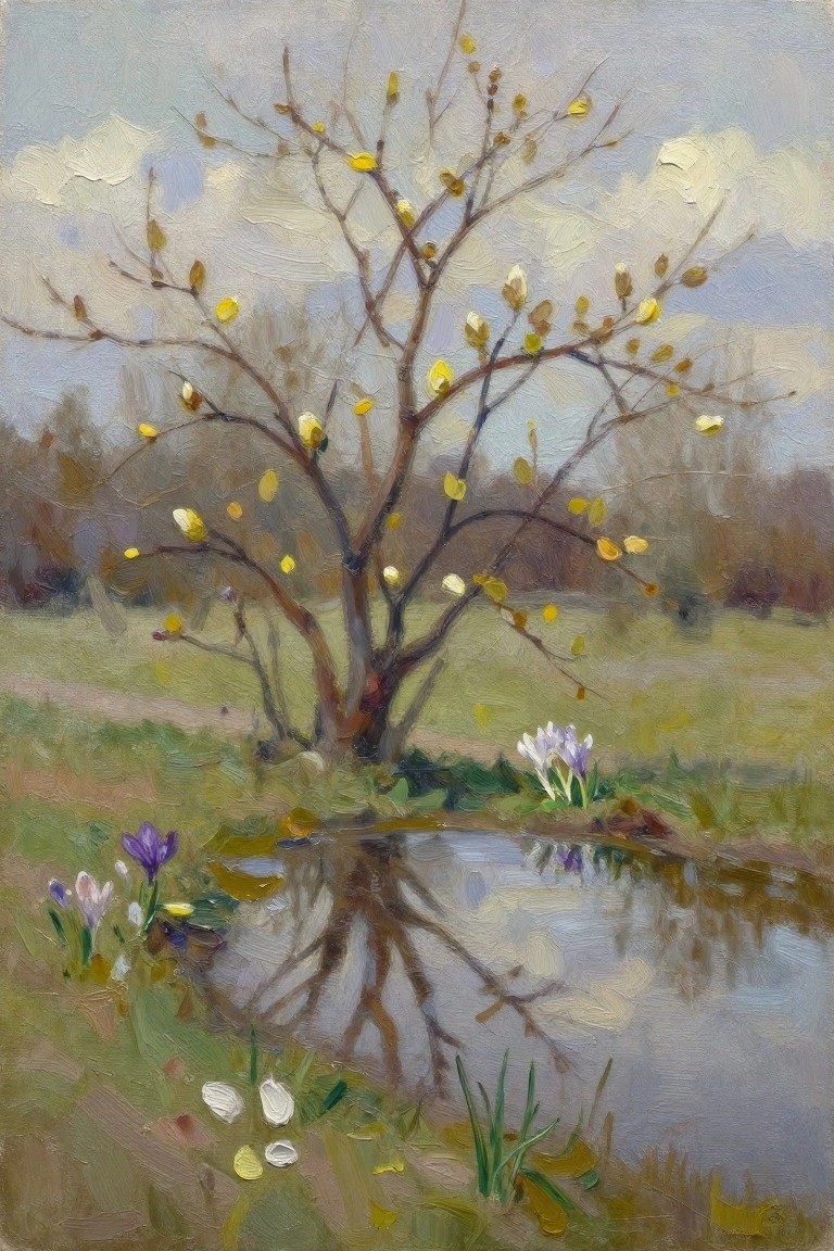 An oil painting of a small tree with yellow buds reflected in a puddle, with purple and white crocuses growing nearby in grass.