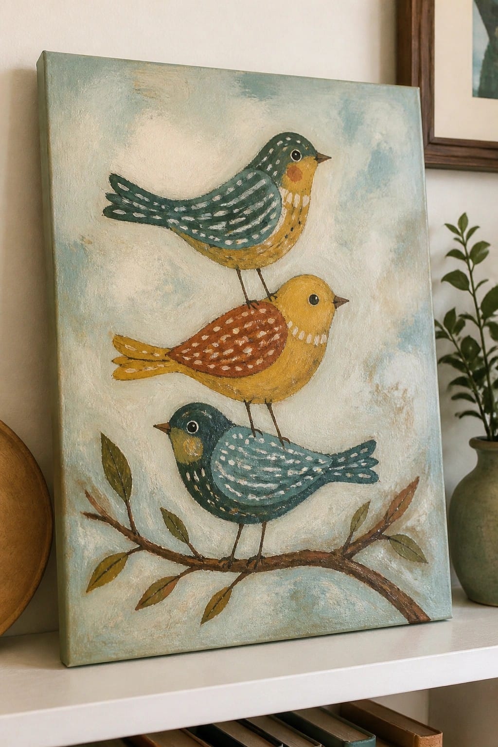 Three stacked colorful birds perched on leafy branch in blue folk painting