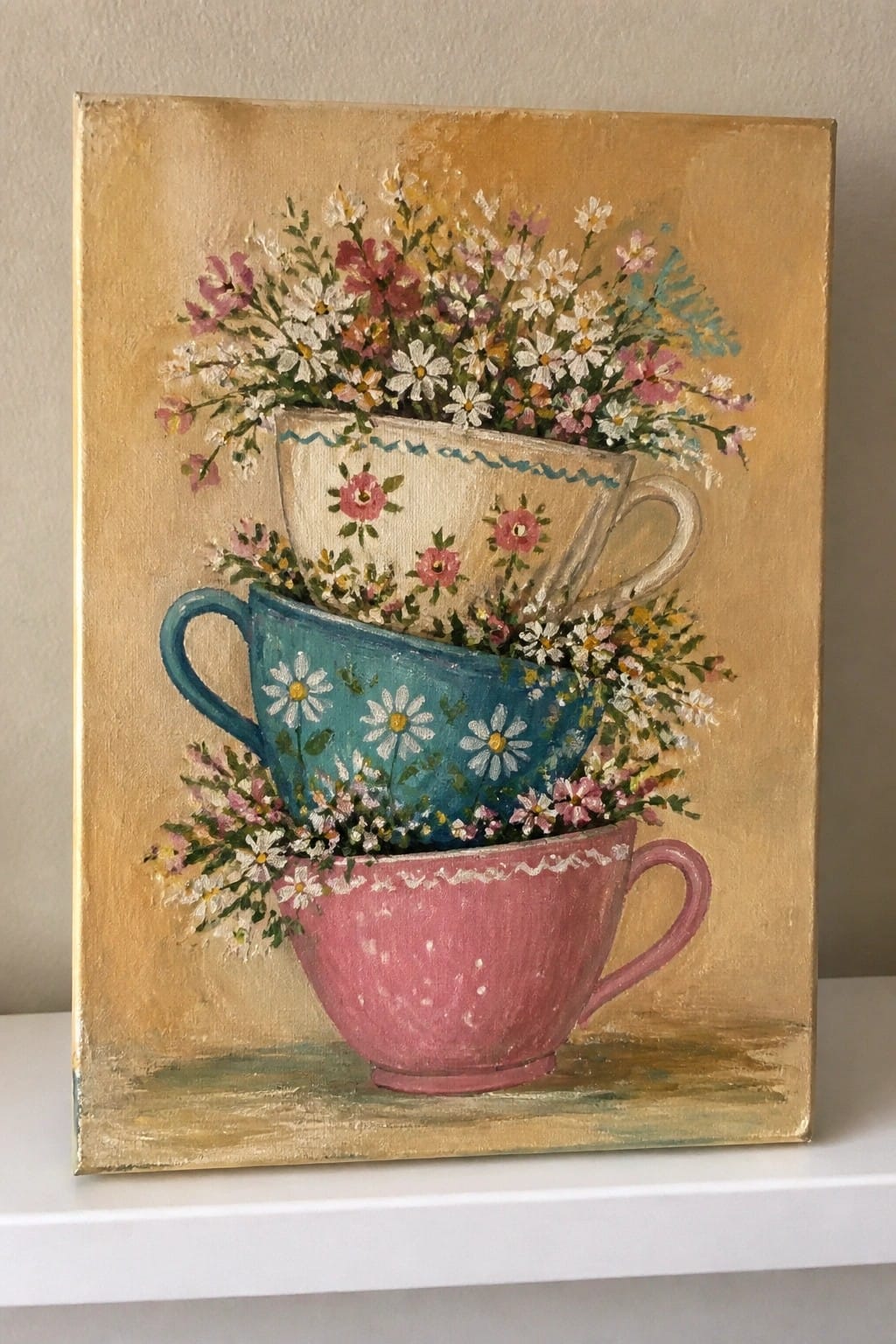 Stacked pink, teal, and cream teacups overflowing with colorful wildflowers on gold background