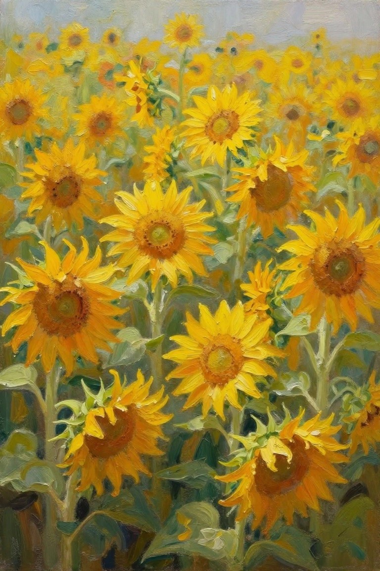 Dense field of yellow sunflowers with brown centers amid green foliage in oil painting